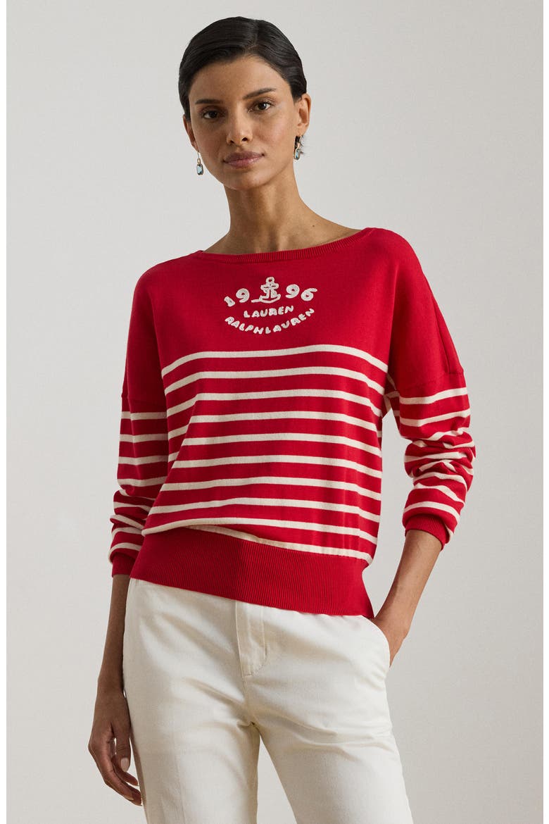 Striped Combed Cotton Boat Neck Sweater, Alternate, color, CREAM/ CRUISE RED