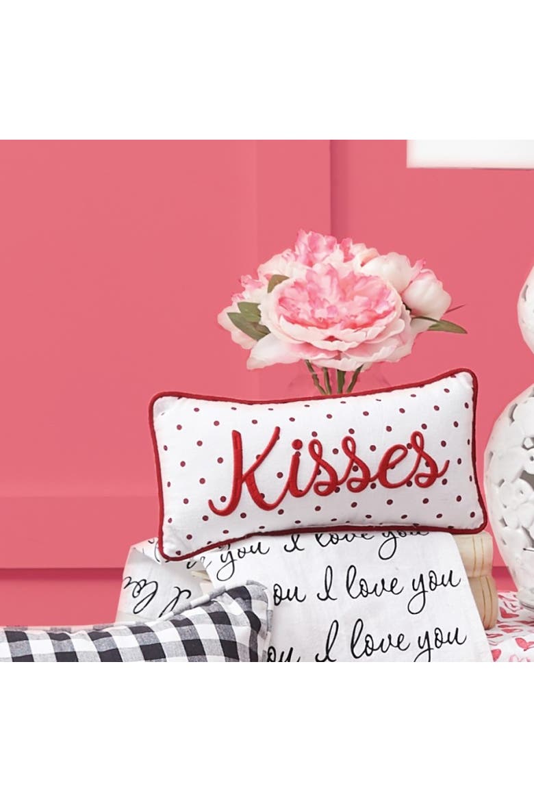 Kisses Dot Mini Embroidered Red Valentine's Day Accent Pillow 6" x 12", Alternate, color, Red