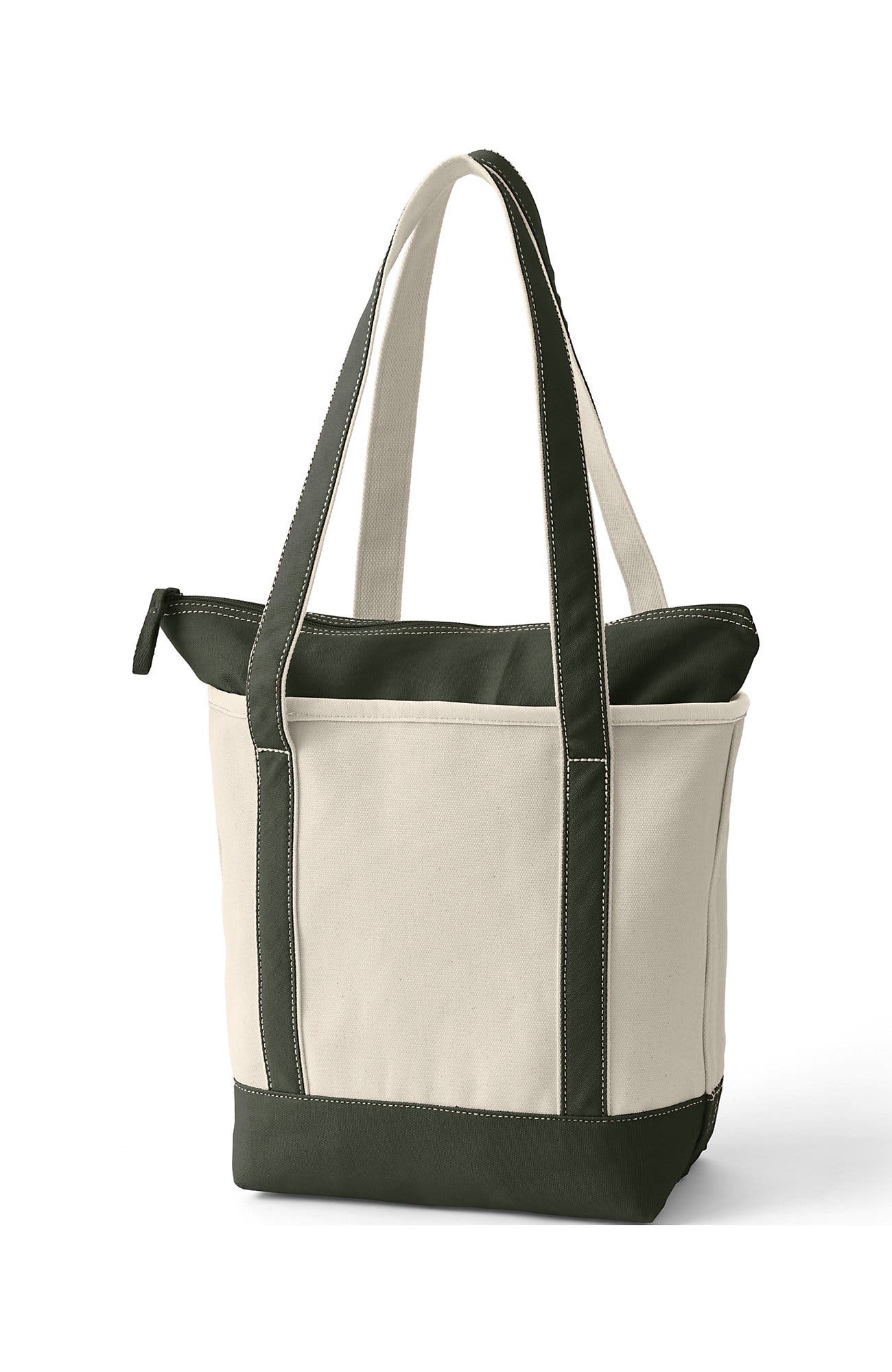 Lands' End Zip Top Long Handle Canvas Tote Bag, Alternate, color, Natural/Dark Olive Green