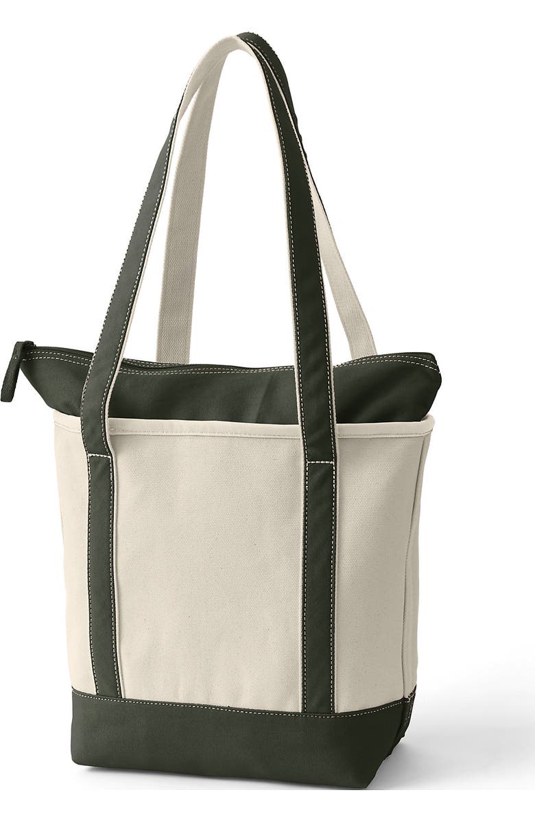 Lands' End Zip Top Long Handle Canvas Tote Bag, Alternate, color, Natural/Dark Olive Green