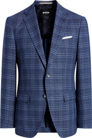 BOSS Hutson Slim Fit Navy Plaid Slub Wool Blend Sport Coat