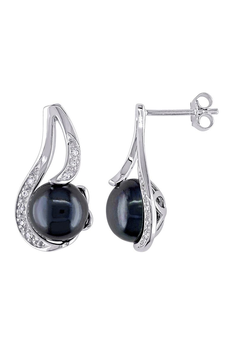 Diamond & 9-9.5mm Freshwater Pearl Stud Earrings, Main, color, BLACK