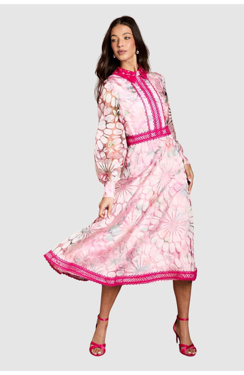 Coast Contrast Collar Lace Trim Midi Dress, Main, color, Pink