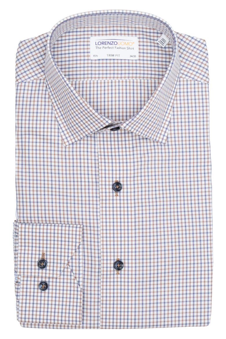Trim Fit Tattersall Check Print Dress Shirt, Main, color, NAVY/ BROWN