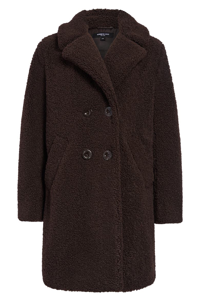 Notch Collar Curly Faux Shearling Coat, Main, color, CHOCOLATE