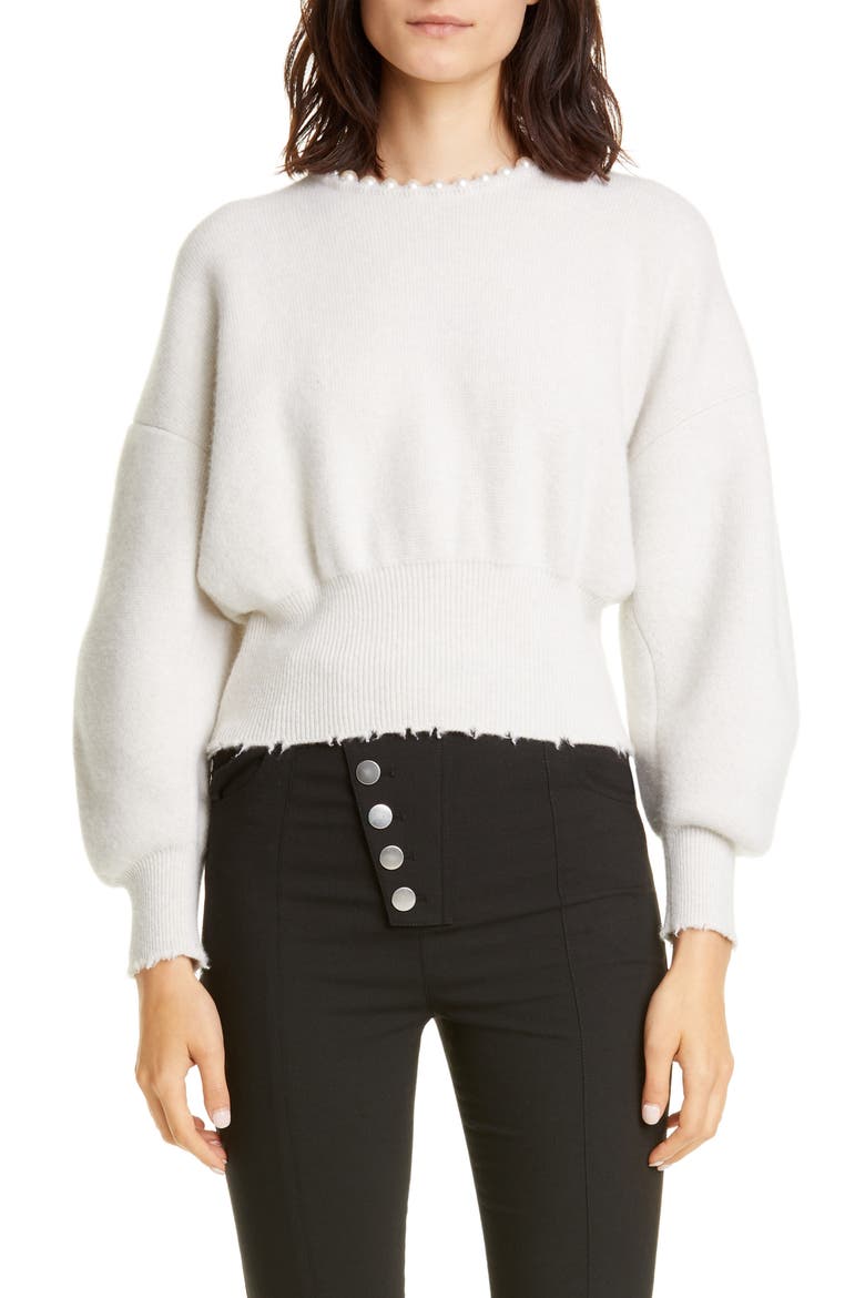Imitation Pearl Trim Wool & Cashmere Blend Sweater, Main, color, IVORY