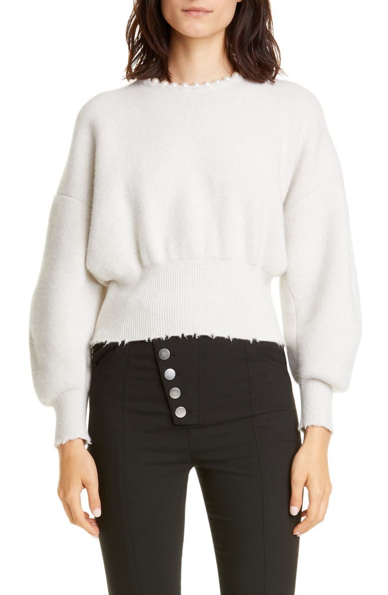 Alexander Wang Imitation Pearl Trim Wool & Cashmere Blend Sweater, Main, color, 