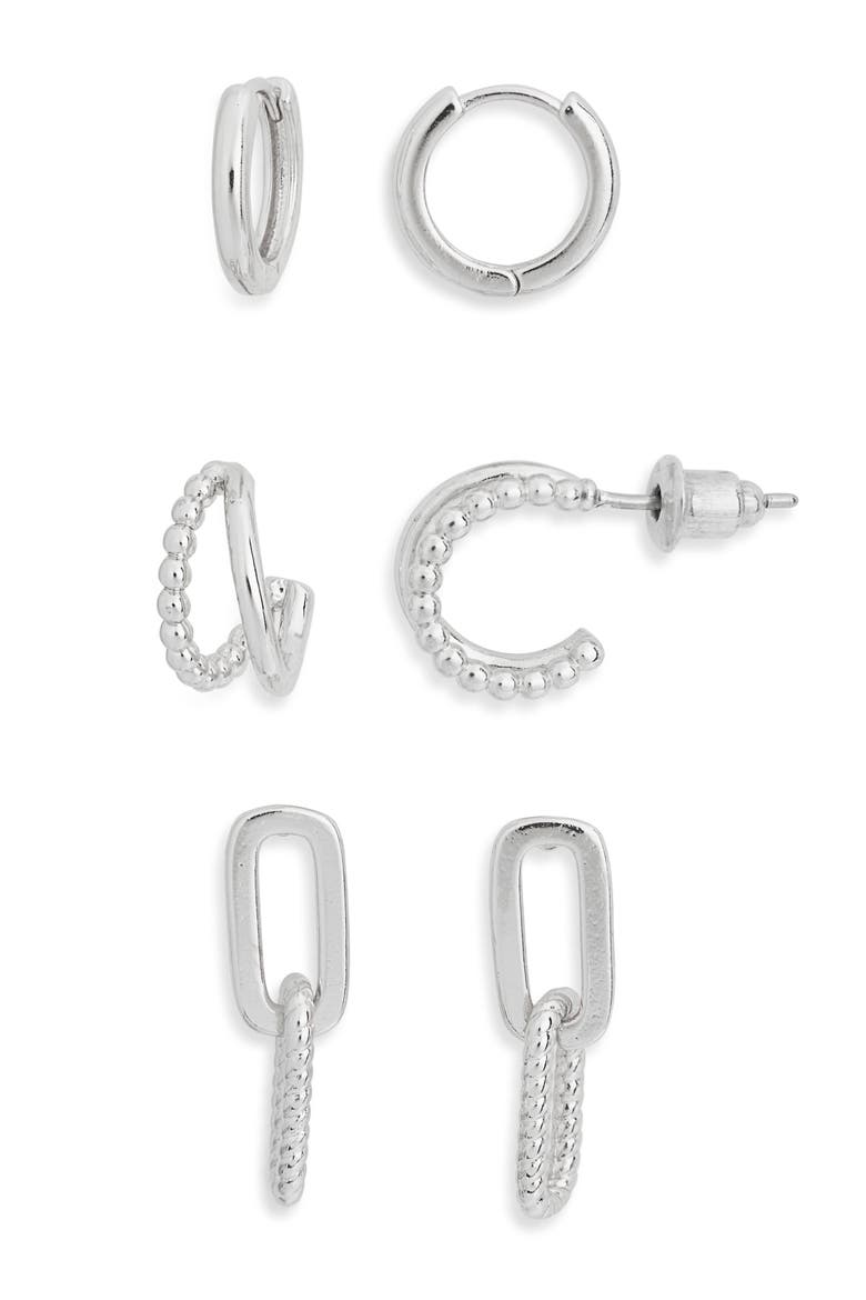3-Pack Huggie & Drop Earrings, Main, color, SILVER