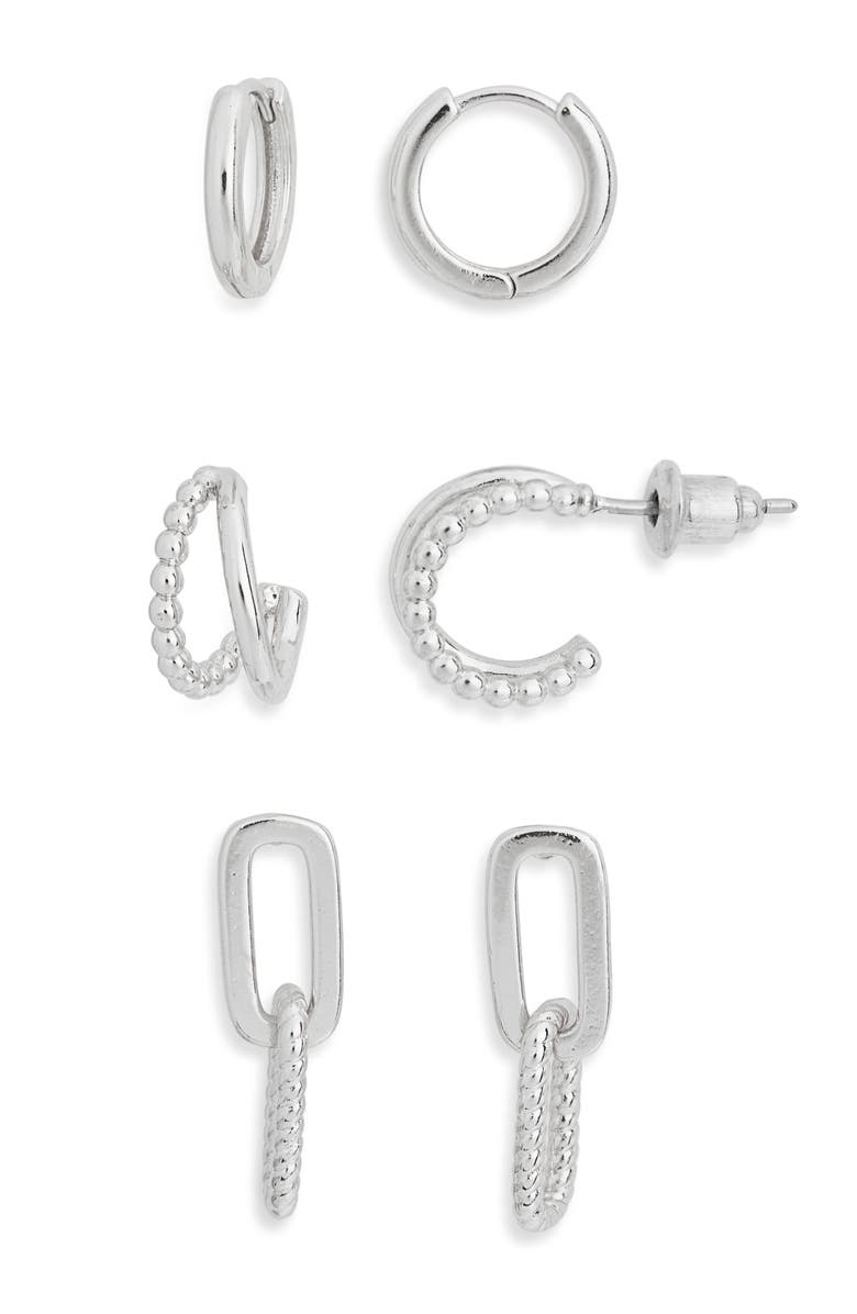 NORDSTROM RACK 3-Pack Huggie & Drop Earrings, Main, color, Silver