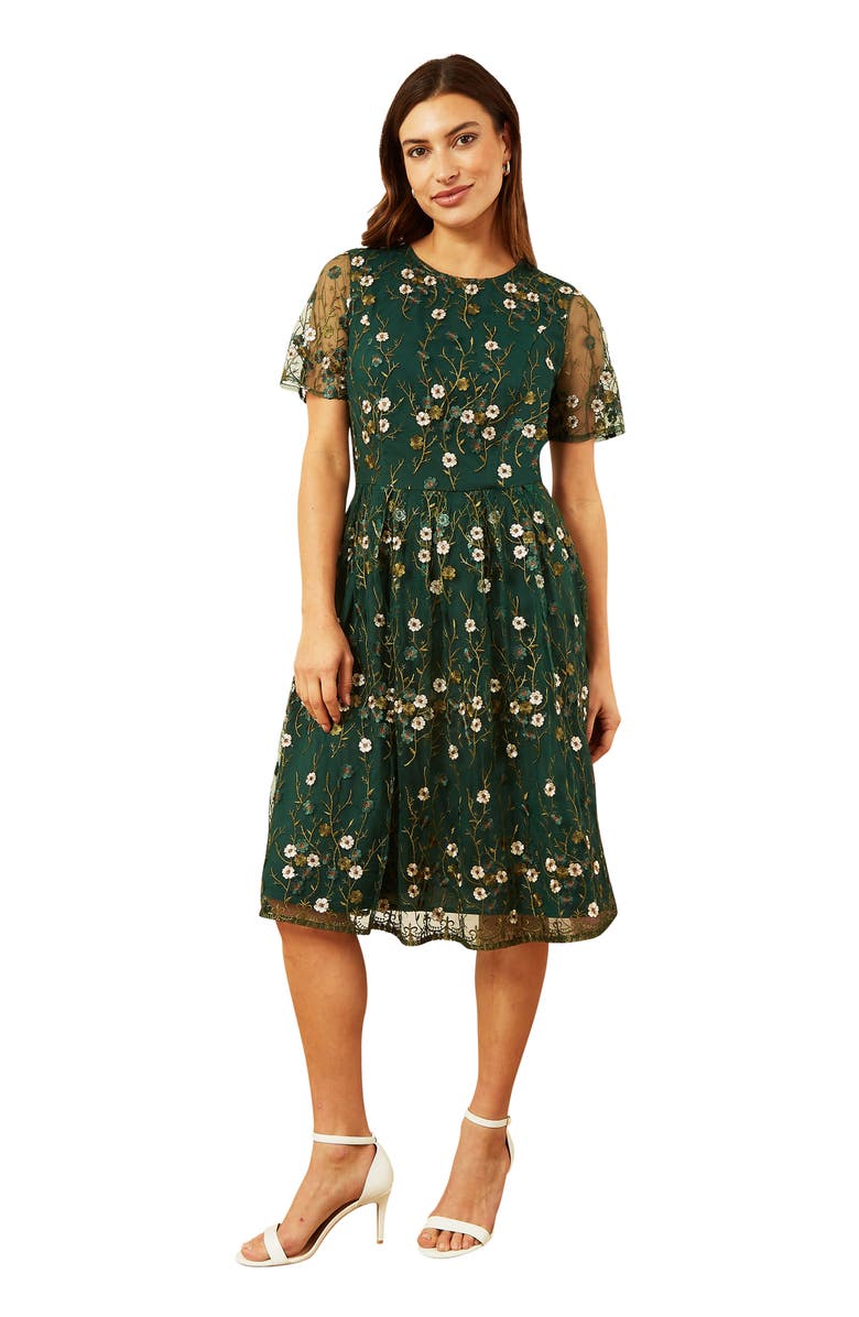 Yumi Embroidered Floral Skater Dress, Main, color, Green