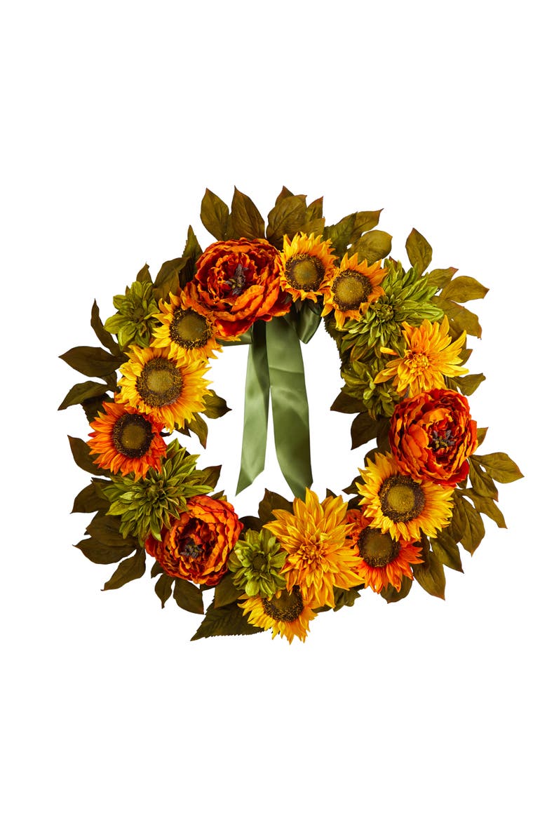 NEARLY NATURAL 24-in Peony, Dahlia and Sunflower Artificial Wreath, Main, color, 
