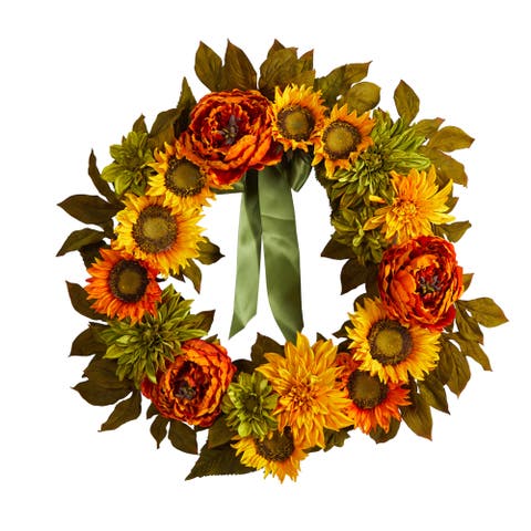 24-in Peony, Dahlia and Sunflower Artificial Wreath