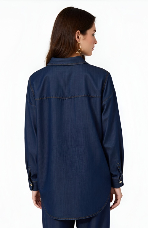Modenaire Classic Button-up Denim Shirt With Contrast Stitching And Long Sleeves In Blue
