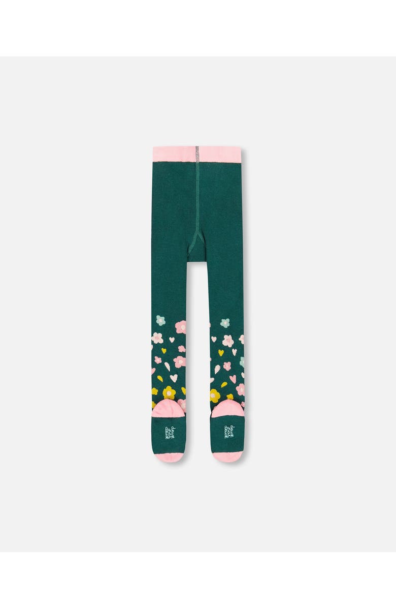 Deux par Deux Knit Tights with Flower Motifs, Main, color, Dark Green