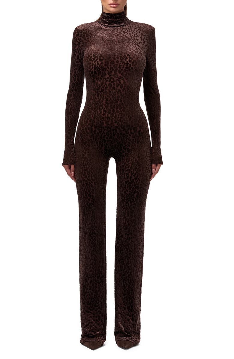 Naked Wardrobe Burnout Long Sleeve Jumpsuit, Main, color, Leopard Dark Chocolate