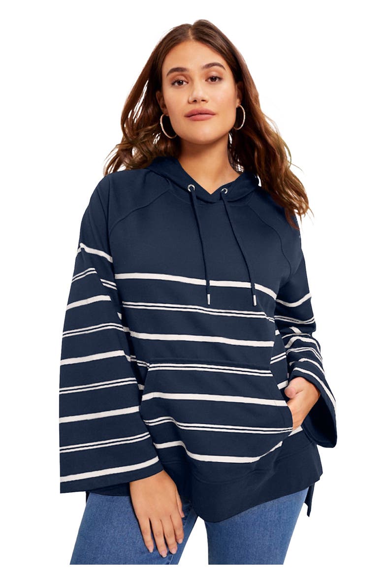 Bell-Sleeve French Terry Sweatshirt, Main, color, NAVY HORIZONTAL STRIPE