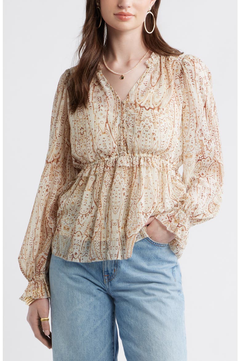 Long Sleeve Chiffon Peplum Top, Main, color, IVORY-YELLOW ANTIQUE PAISLEY