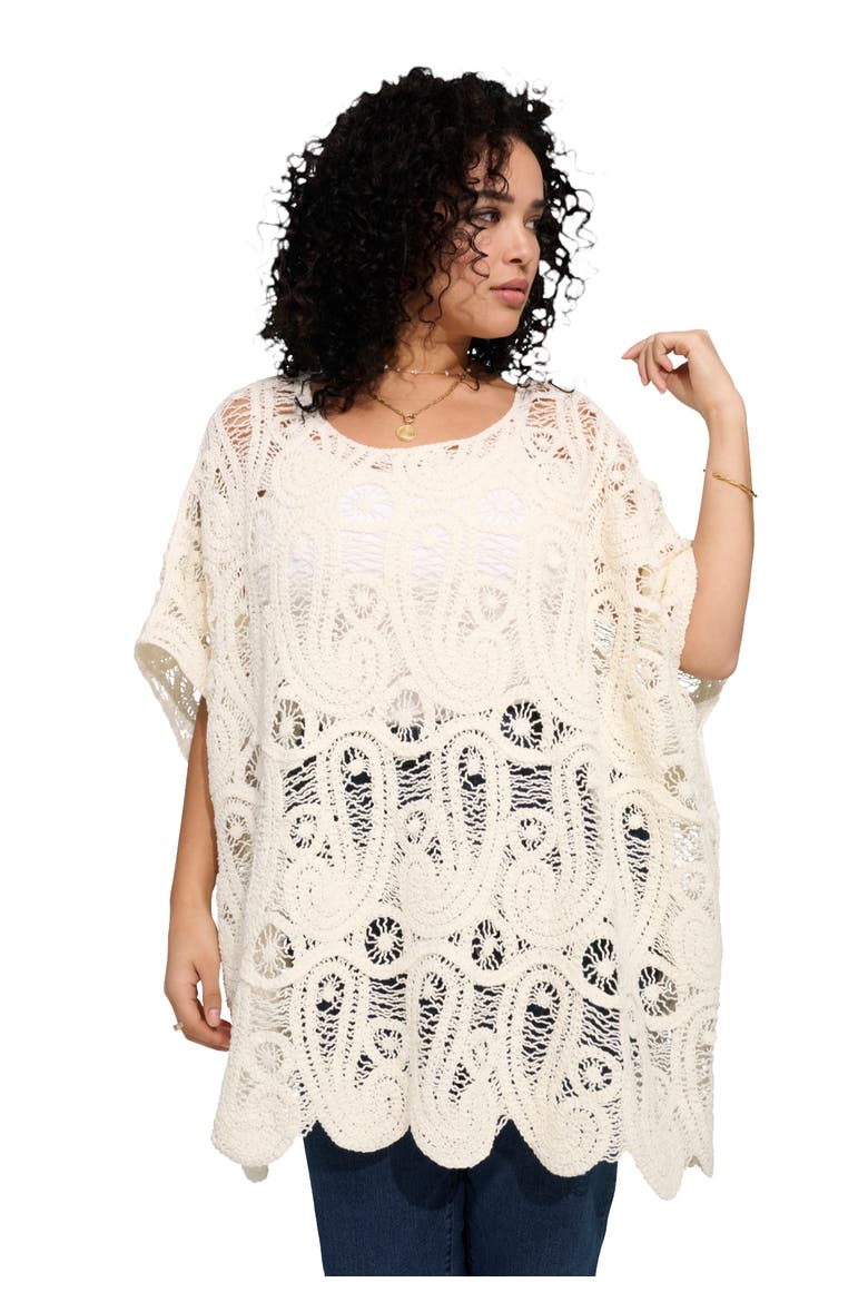 Plus Size Crochet Paisley Openwork Scoop Neck Poncho, Main, color, IVORY
