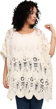 Roaman's Plus Size Crochet Paisley Openwork Scoop Neck Poncho