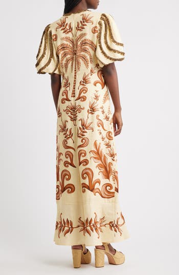 Milani Bead Trim Mixed Print Linen Maxi Dress