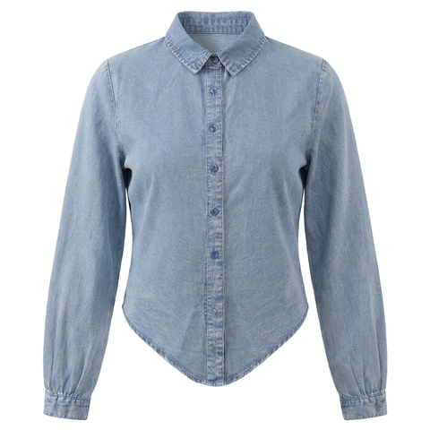 Denim Wash Tie Front Button Down Blouse