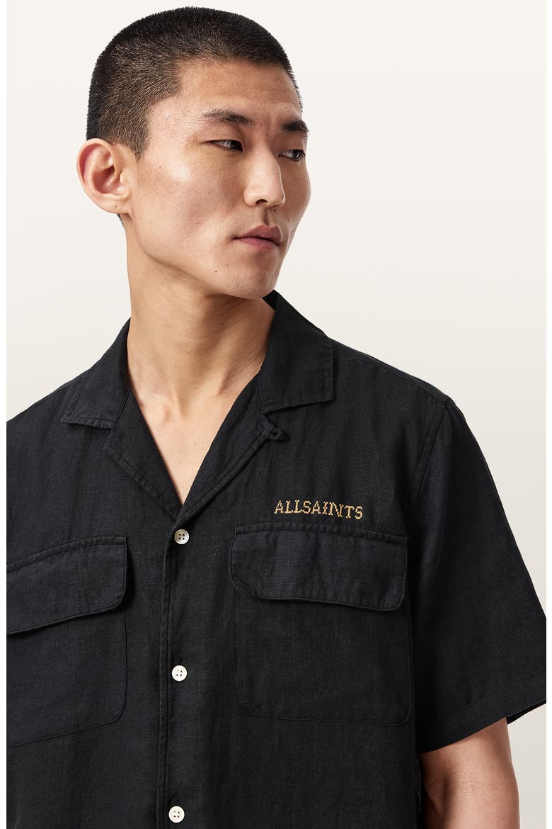 Dunloe Embroidered Linen Button-Up Camp Shirt, Alternate, color, JET BLACK