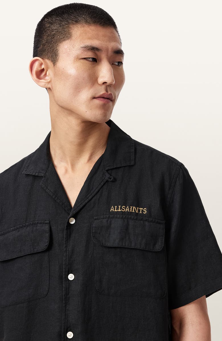 AllSaints Dunloe Embroidered Linen Button-Up Camp Shirt, Alternate, color, Jet Black