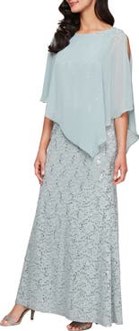 SL FASHIONS Beaded Lace & Chiffon Capelet Gown