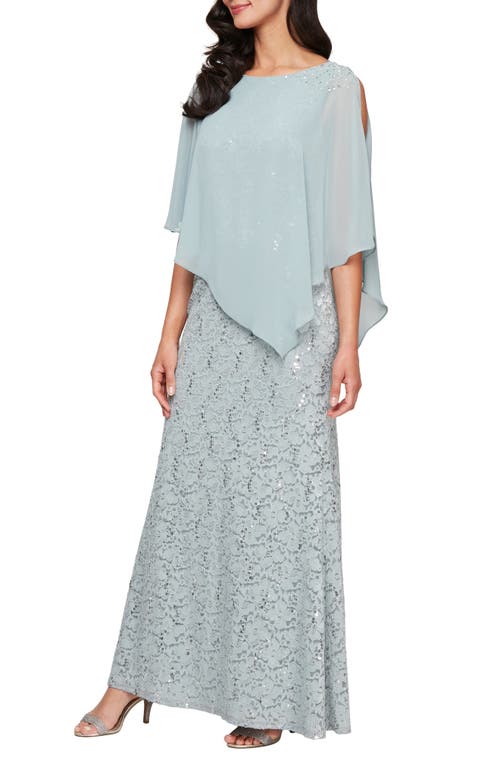 Shop Sl Fashions Beaded Lace & Chiffon Capelet Gown In Sage