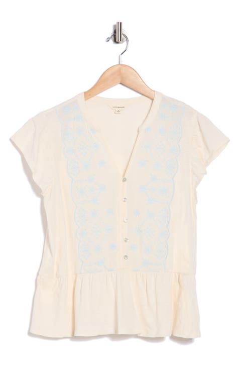 Embroidered Flutter Sleeve Cotton Top
