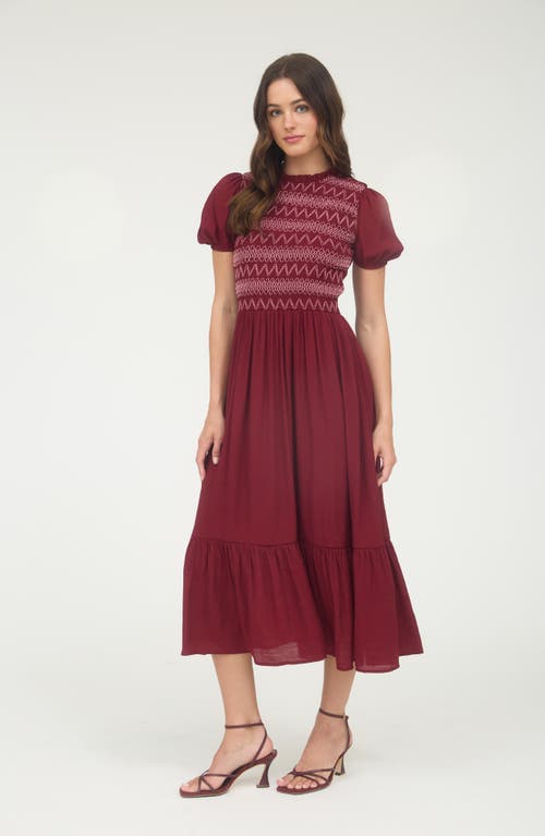 Blu Pepper Smocked Puffed Sleeve Midi Dress In Red
