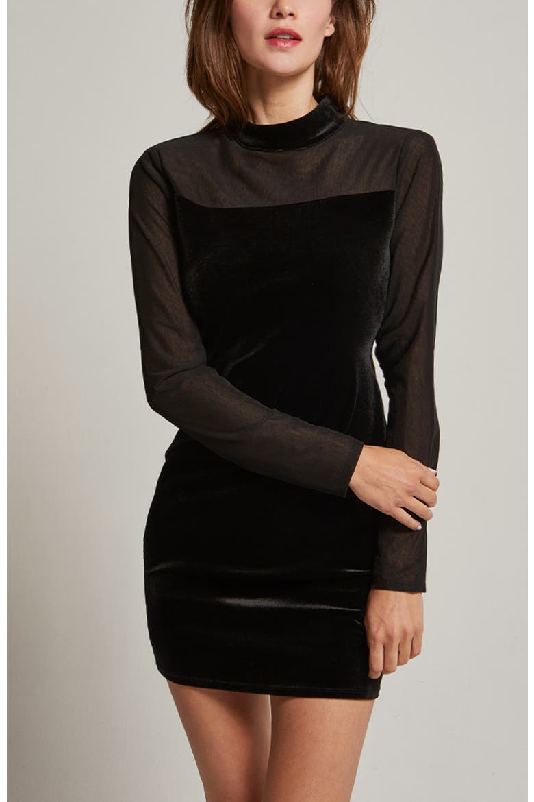 Mock Neck Mixed Media Velvet Mini Dress, Alternate, color, Black