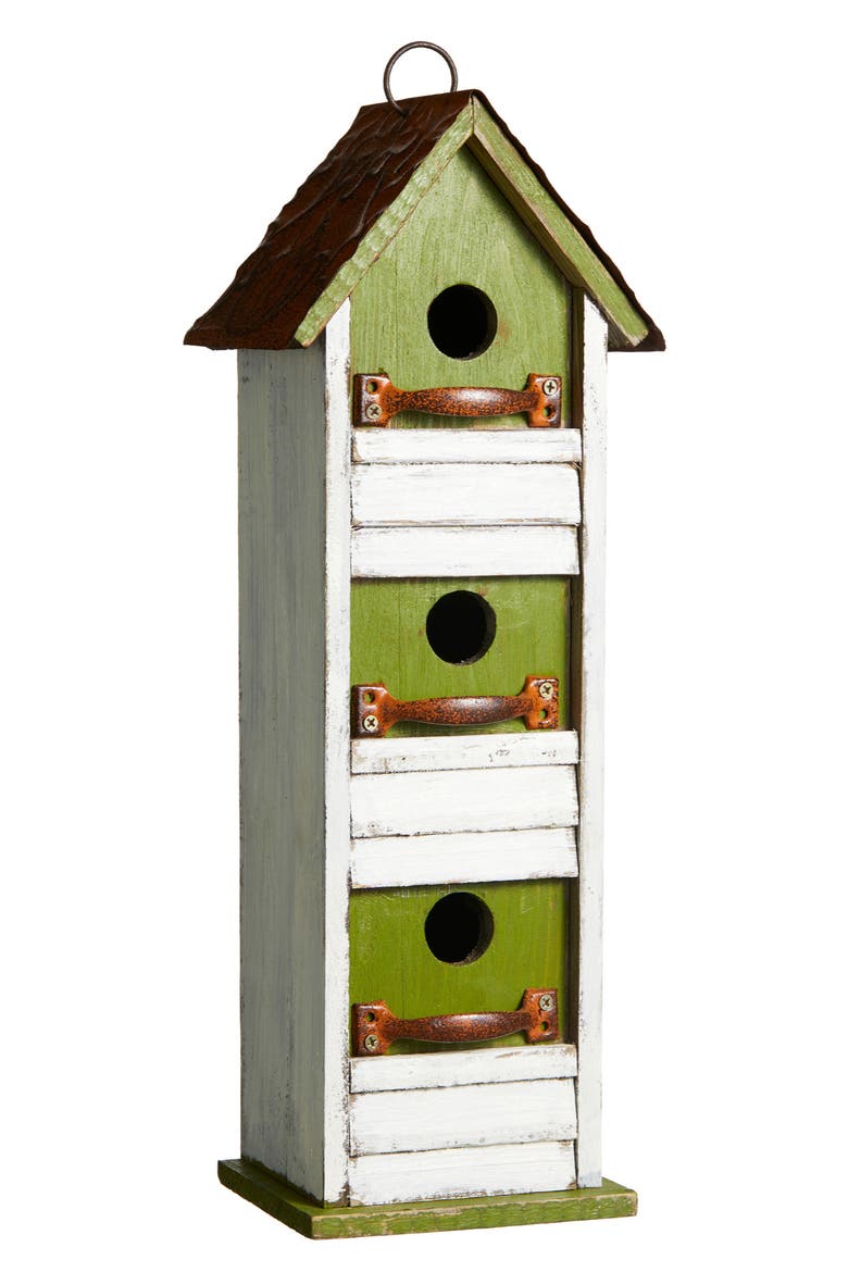 18"H Solid Wood Cottage with Shutter Texture Decorative Outdoor Garden Birdhouse, Alternate, color, Green
