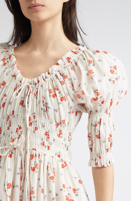 Doen Ischia Shirred Floral-print Organic Cotton-blend Voile Midi Dress In White