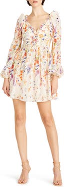 ML Monique Lhuillier Lila Floral Print Long Sleeve Chiffon Minidress
