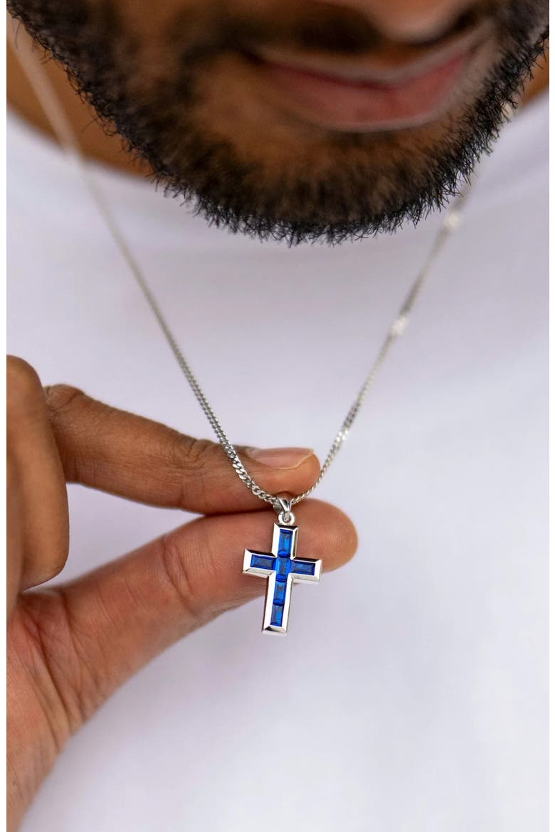 Men's Stone Cross Pendant Necklace, Alternate, color, SAPPHIRE
