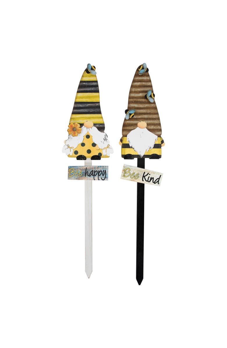 Northlight Bee Gnomes Wooden Garden Stakes - 24" - Set of 2, Main, color, Yellow