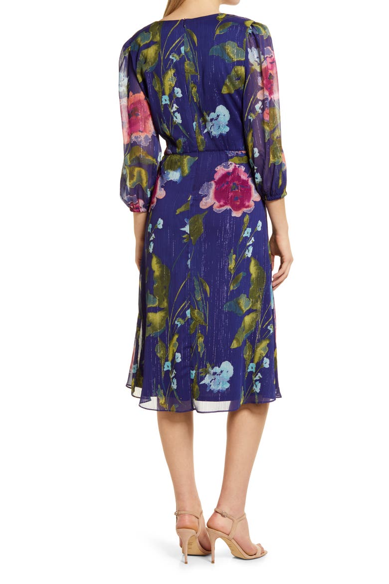 Floral Ruched Front Midi Dress, Alternate, color, NAVY MULTI