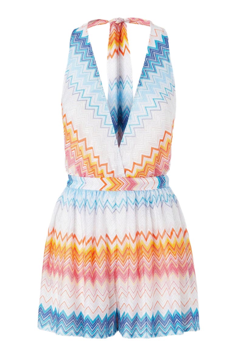Short Jumpsuit In Viscose Blend Zig Zag Lamé With V-neck, Alternate, color, Multicoloured