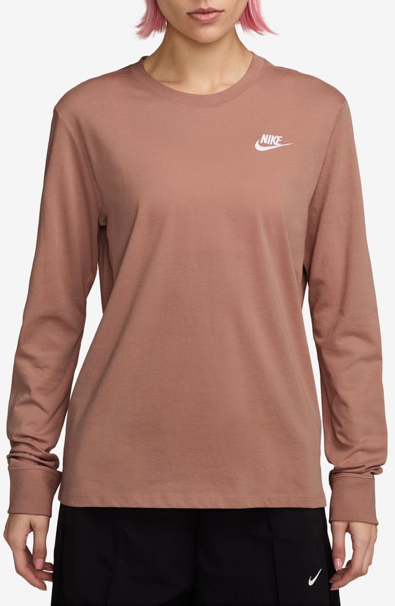 Nike Club Logo Cotton Long Sleeve Graphic T-Shirt, Main, color, Rose Gold/ White