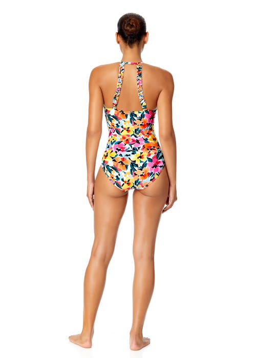 Shop Anne Cole Watercolor Paisley High Neck With Ruffled Straps One Piece Swimsuit In Gradient Floral