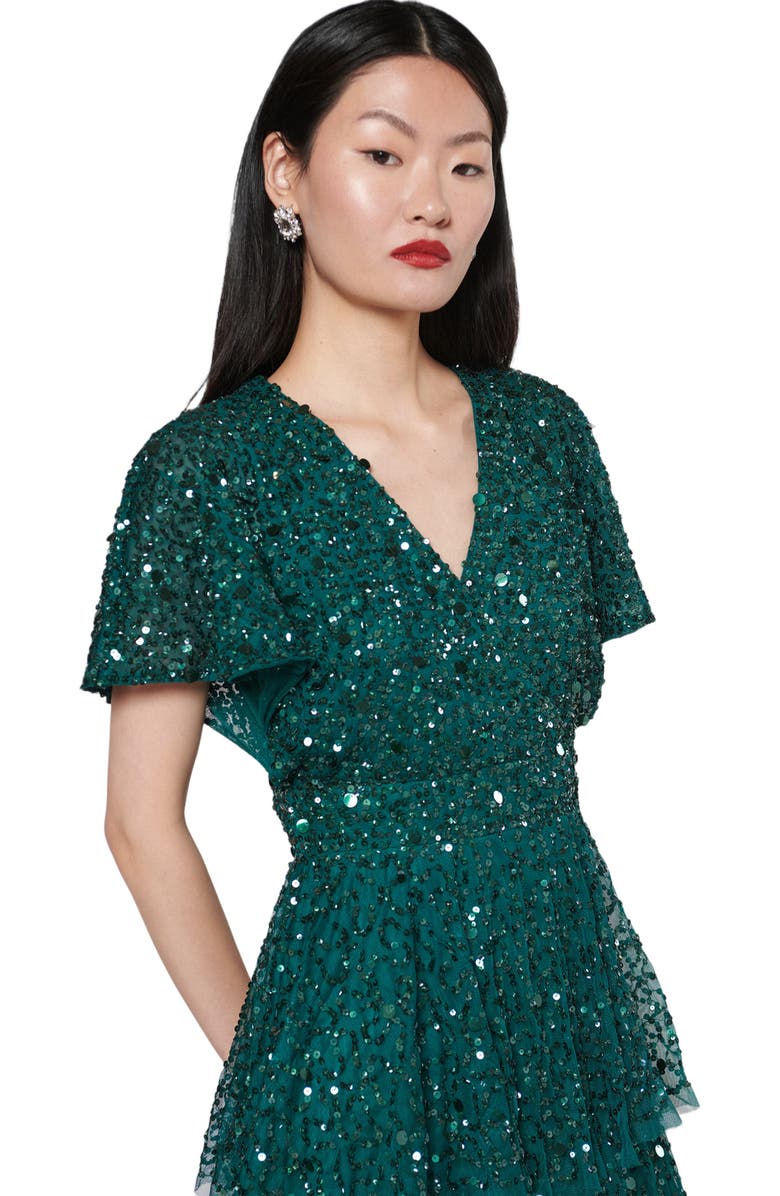 BEAUUT Occasion Embellished Sequin Beaded Short Sleeves Evening Midi Dress, Alternate, color, Emerald Green