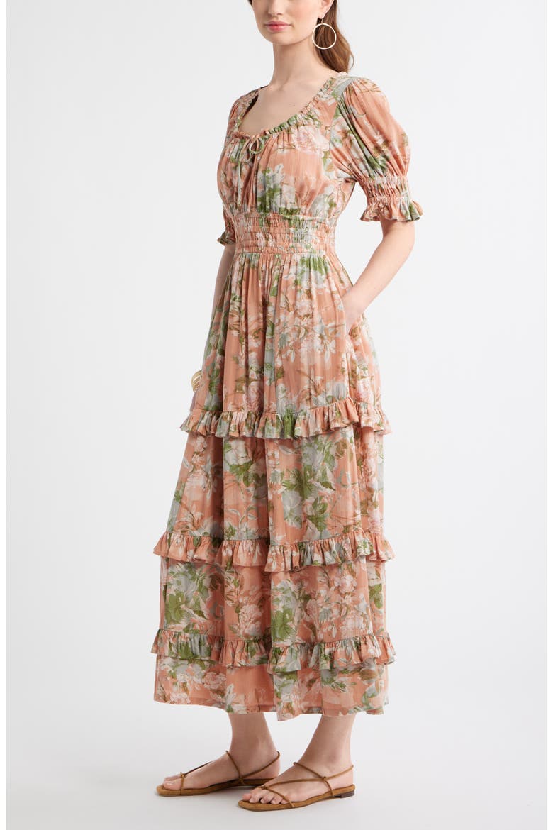 Smock Waist Ruffle Trim Tiered Maxi Dress, Alternate, color, CORAL- BLUE ROSE BLOOM