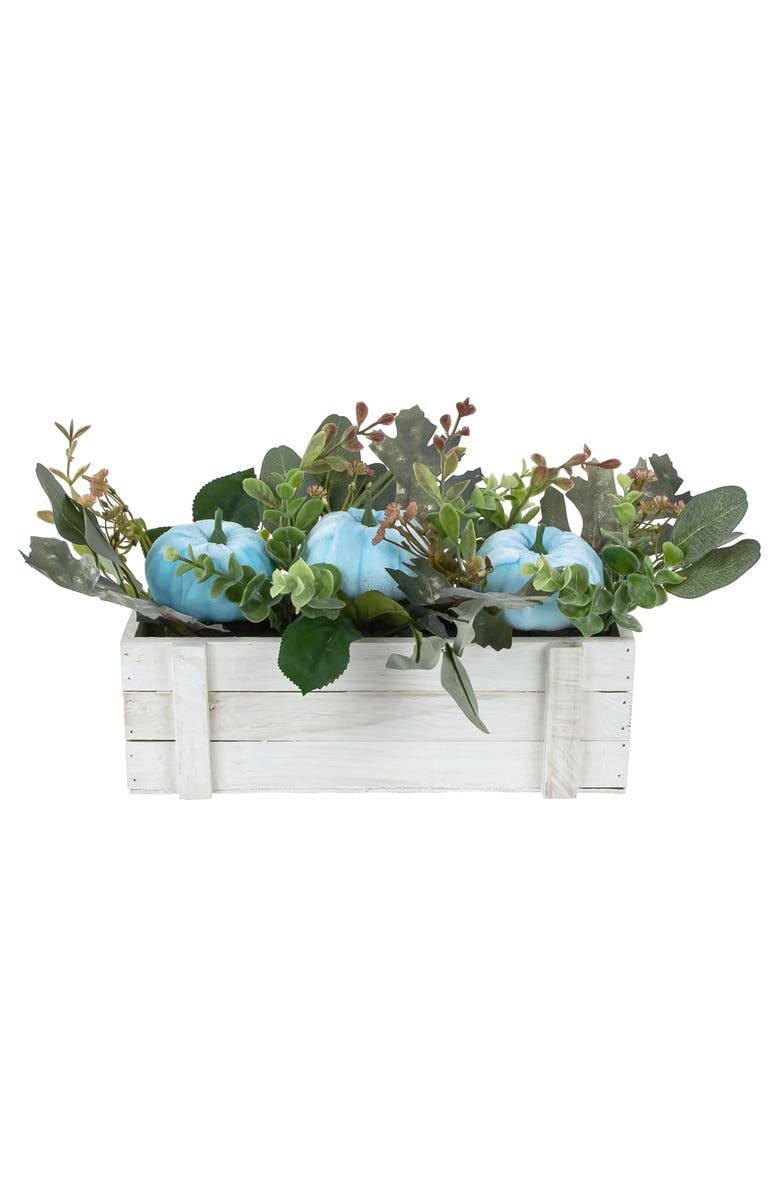 Northlight Fall Harvest Foliage and Pumpkins In Wooden Planter - 18" - Blue, Main, color, 