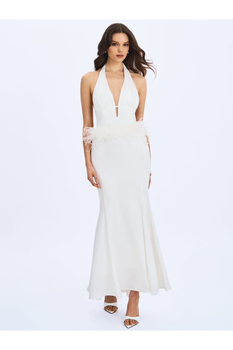 Solene Pleated Halter Backless Faux Feather Trim Maxi Dress, Alternate, color, White