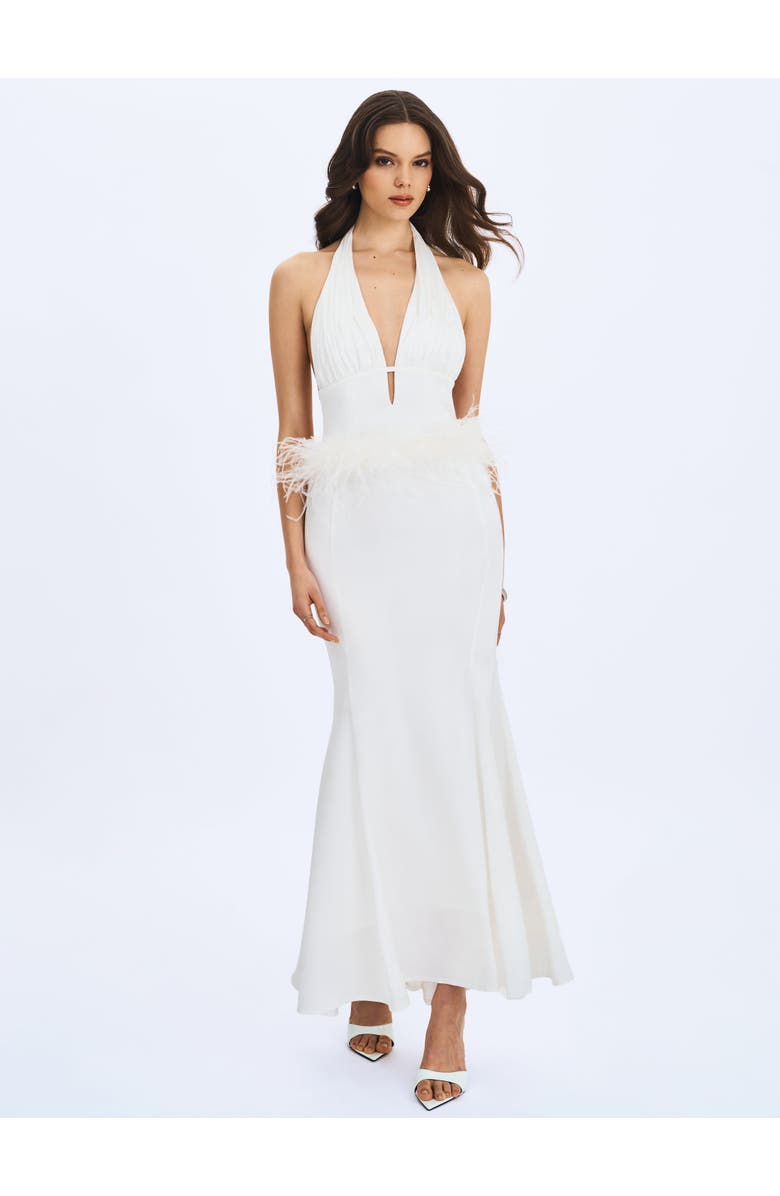 Miss Circle Solene Pleated Halter Backless Faux Feather Trim Maxi Dress, Alternate, color, White