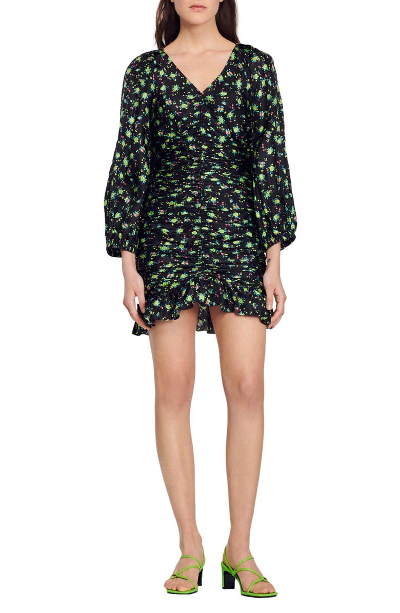 SANDRO Novalee Floral Ruched Dress, Main, color, Noir