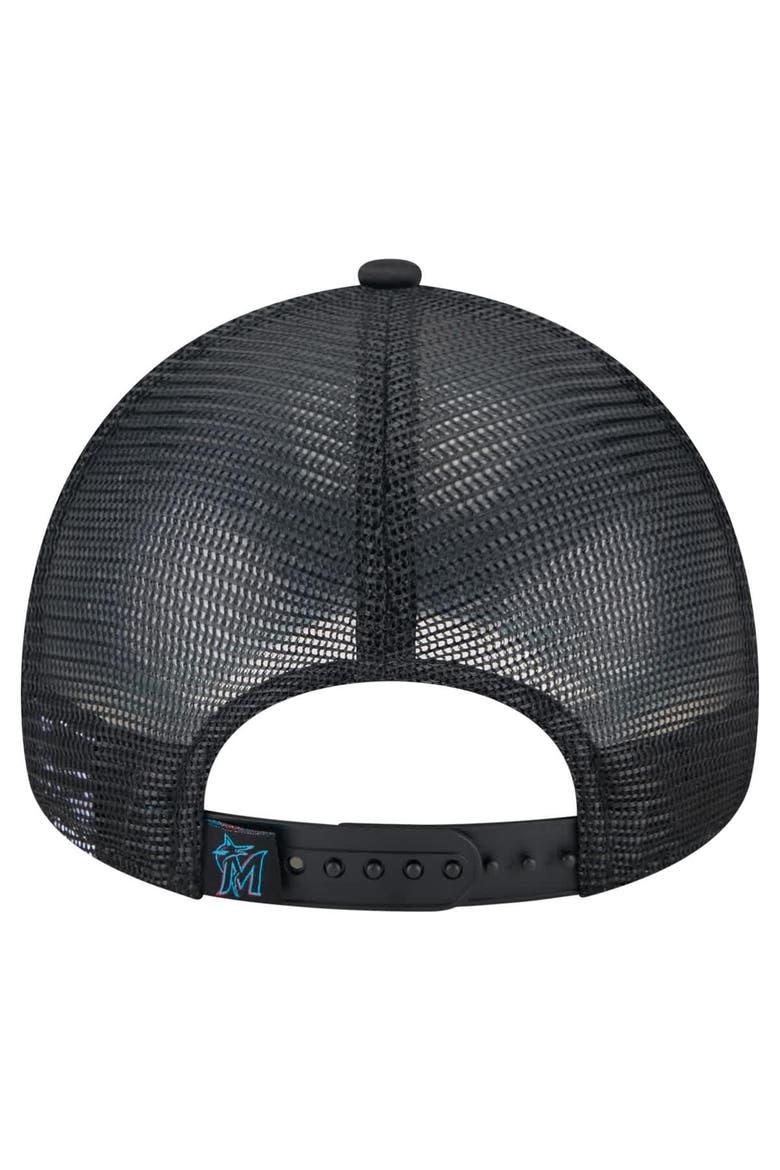 Men's New Era  Black Miami Marlins Distressed 9FORTY A-Frame Adjustable Trucker Hat, Alternate, color, Black