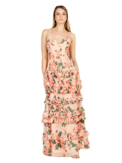 Ruffle Skirt Printed Gown with Spaghetti Straps