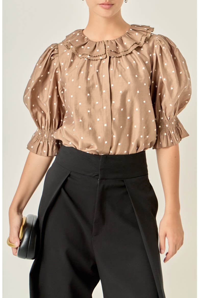 Ruffle Collar Swiss Dot Puff Sleeve Top, Main, color, OFF WHITE/ BROWN